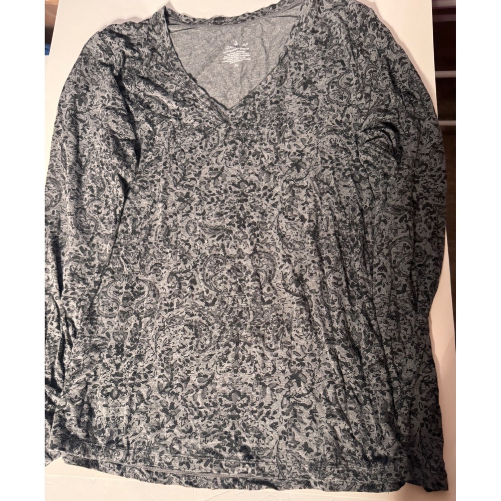 Cuddl Duds Softwear With Stretch V-Neck Top Grey Paisley XL Long Sleeve
